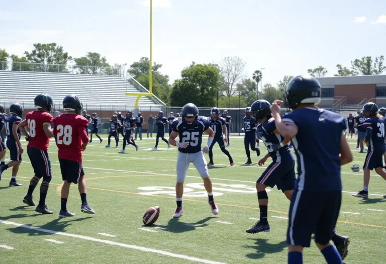 High school athletes demonstrating football skills at the CIAC showcase.