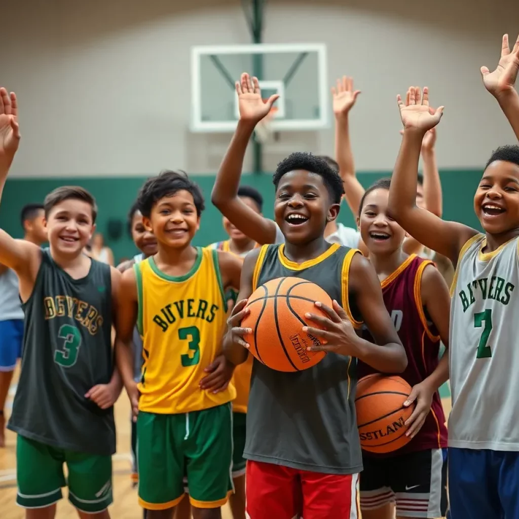 A group of young athletes celebrating a basketball achievement in Cincinnati.