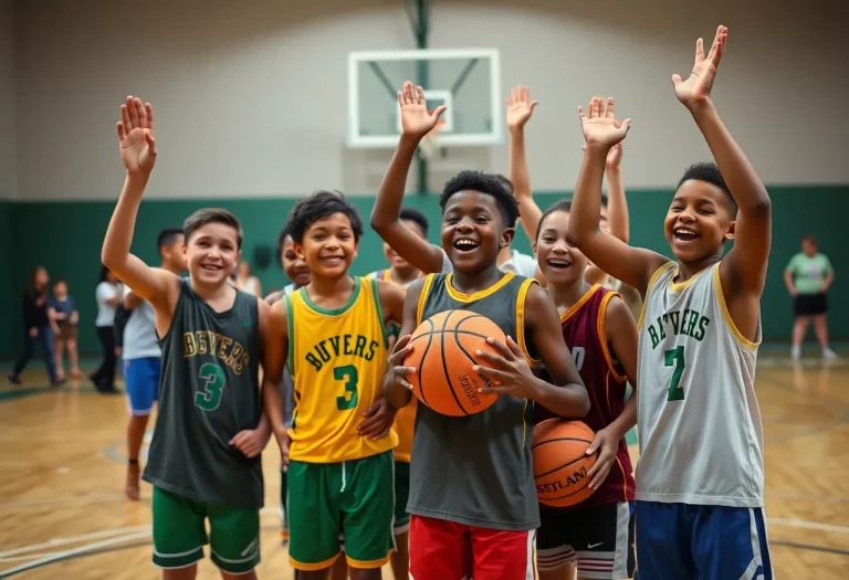 A group of young athletes celebrating a basketball achievement in Cincinnati.