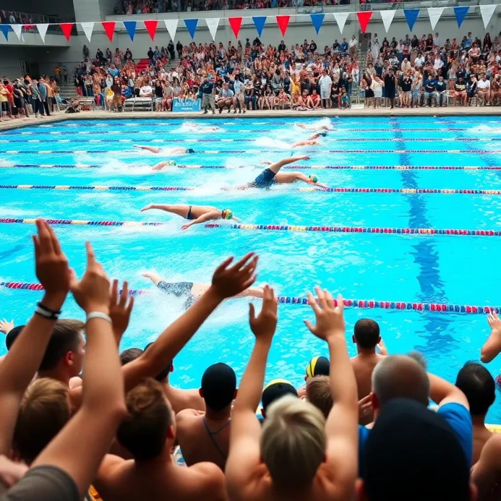Swimmers diving into the pool at the CIF State Championships