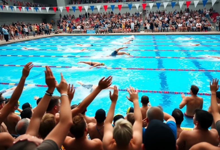 Swimmers diving into the pool at the CIF State Championships