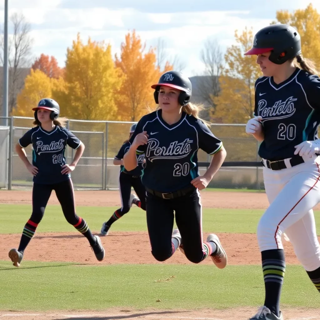 High school softball players in action during a fall game in Colorado