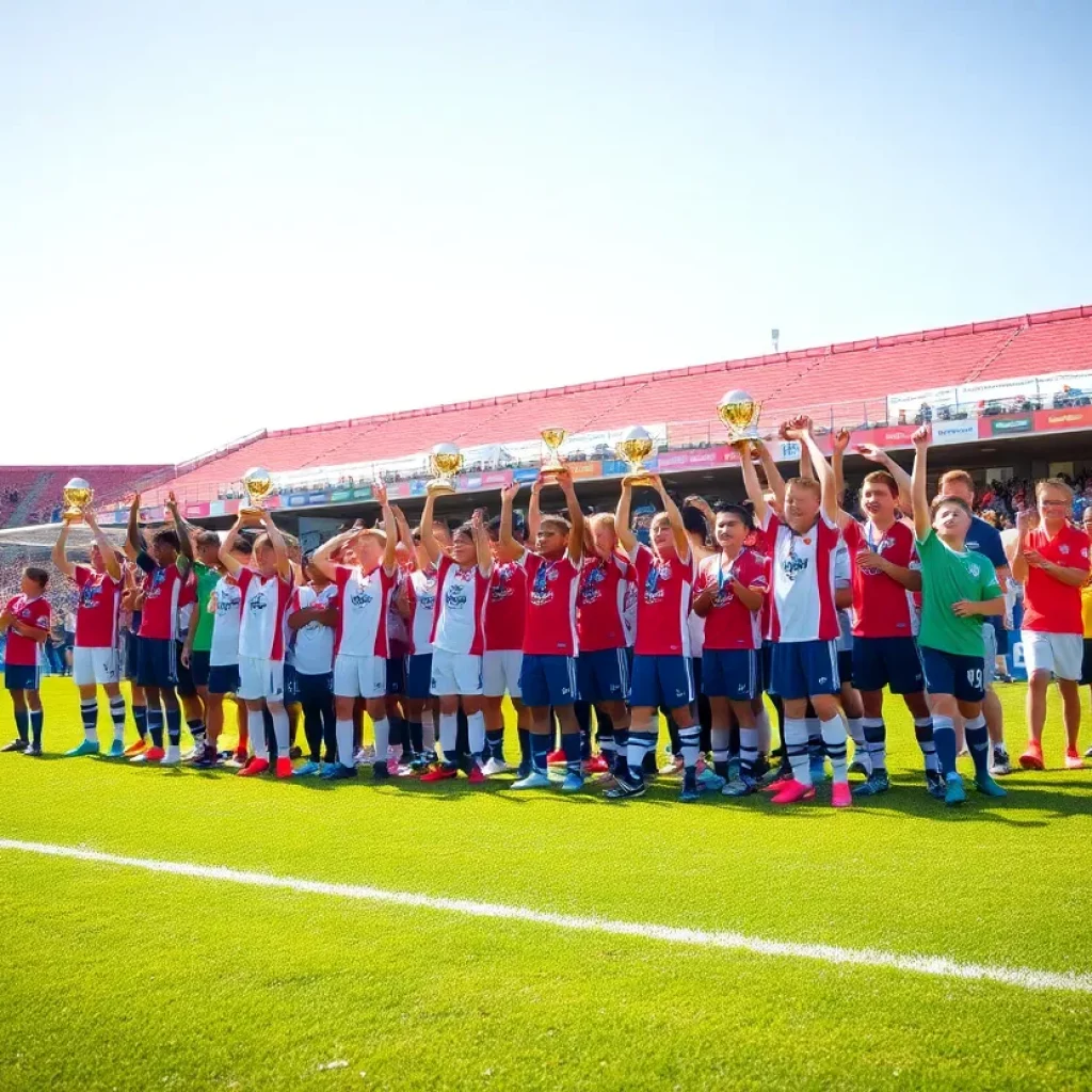 Youth soccer teams celebrating their championship wins in Columbia.