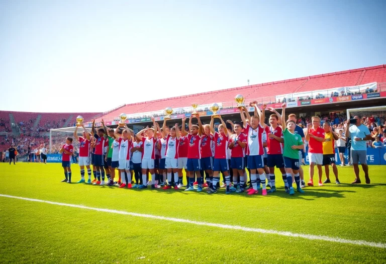 Youth soccer teams celebrating their championship wins in Columbia.
