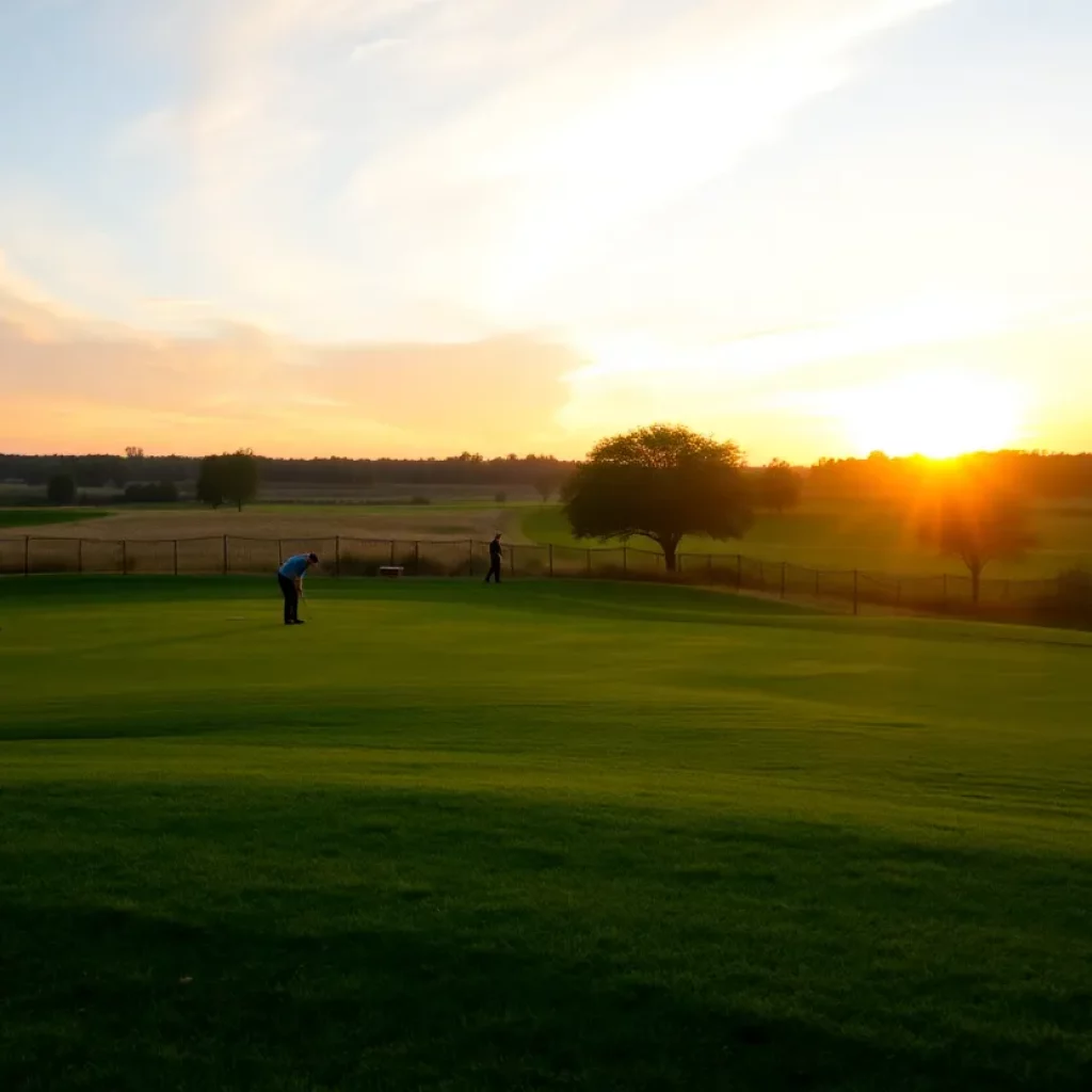 Scenic view of a golf course during a championship with players practicing.