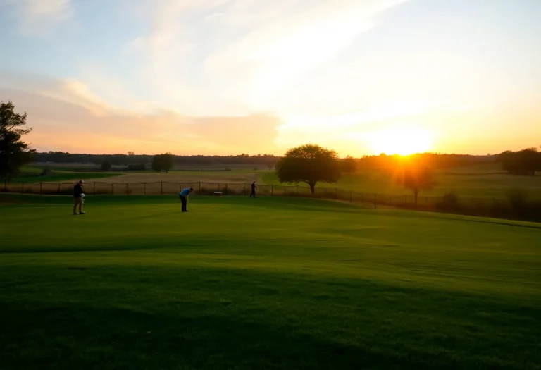 Scenic view of a golf course during a championship with players practicing.