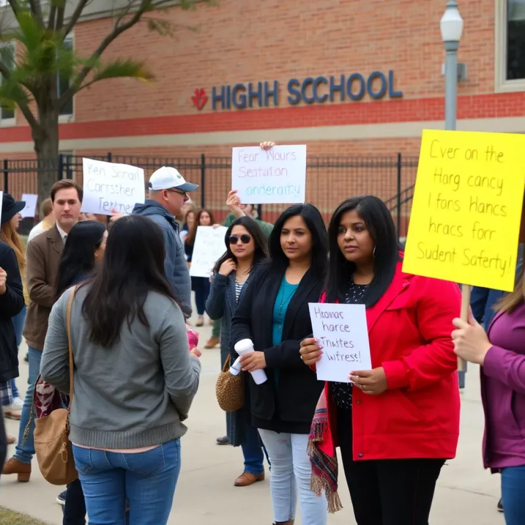 A group of concerned parents discussing student safety outside a school.