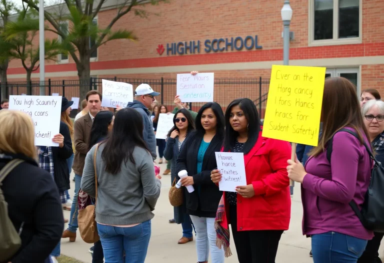 A group of concerned parents discussing student safety outside a school.