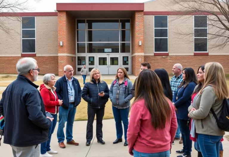 Community members discussing safety issues outside West High School