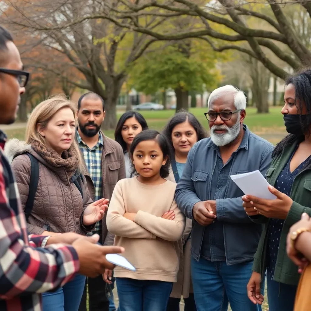 Community members gathering for a meeting about child safety.
