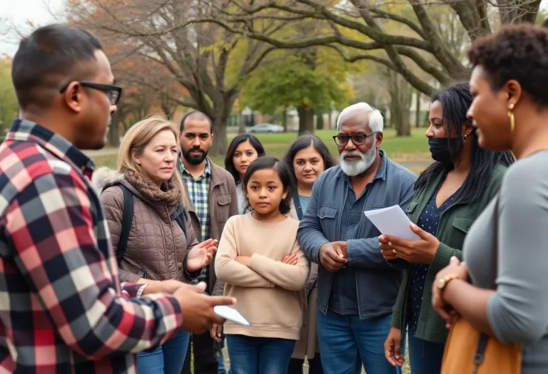 Community members gathering for a meeting about child safety.