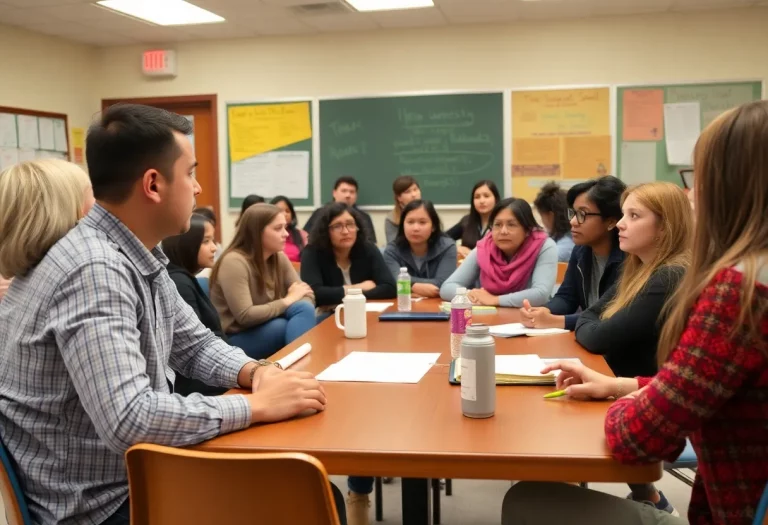 Parents and educators discussing safety measures in a school community meeting.