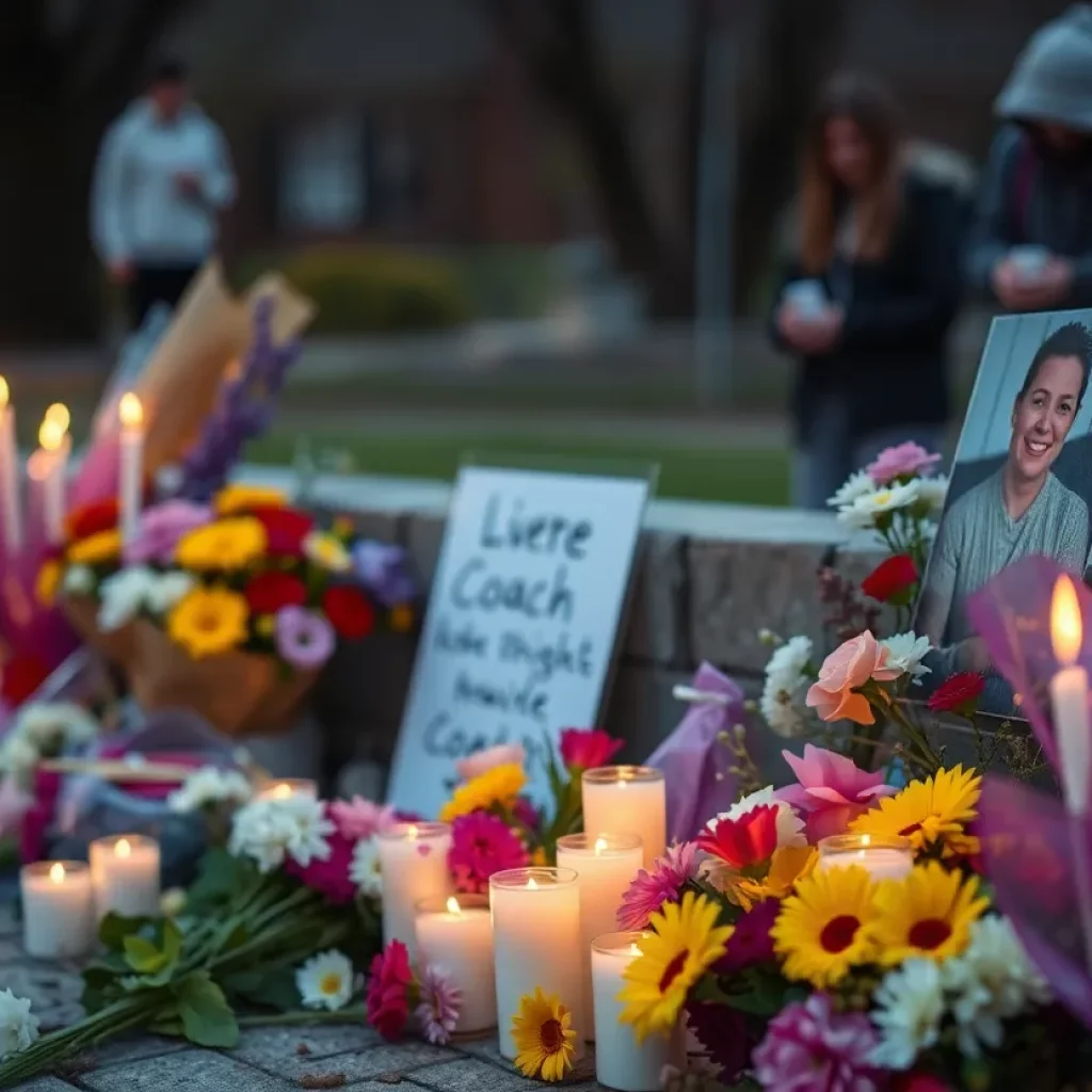 Vigils and flowers at a community memorial for a coach