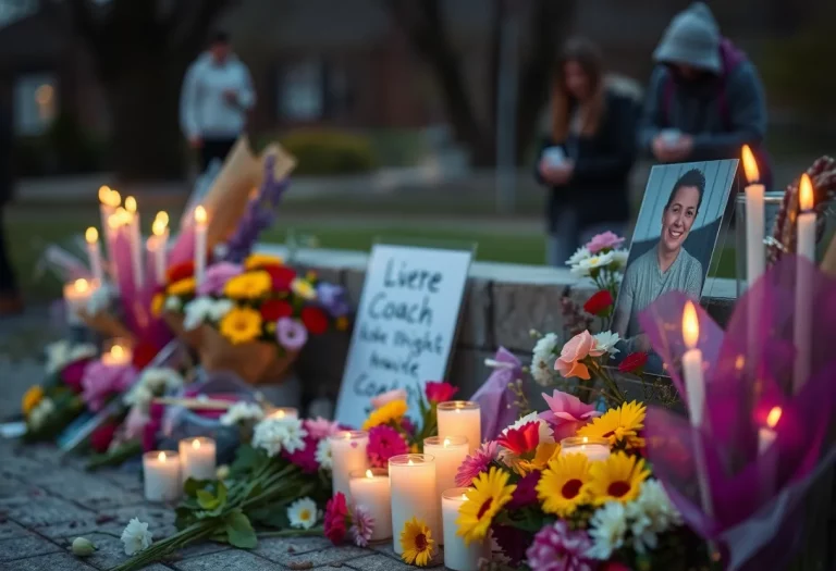 Vigils and flowers at a community memorial for a coach