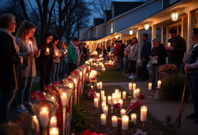 Candles and lacrosse sticks used in a memorial tribute