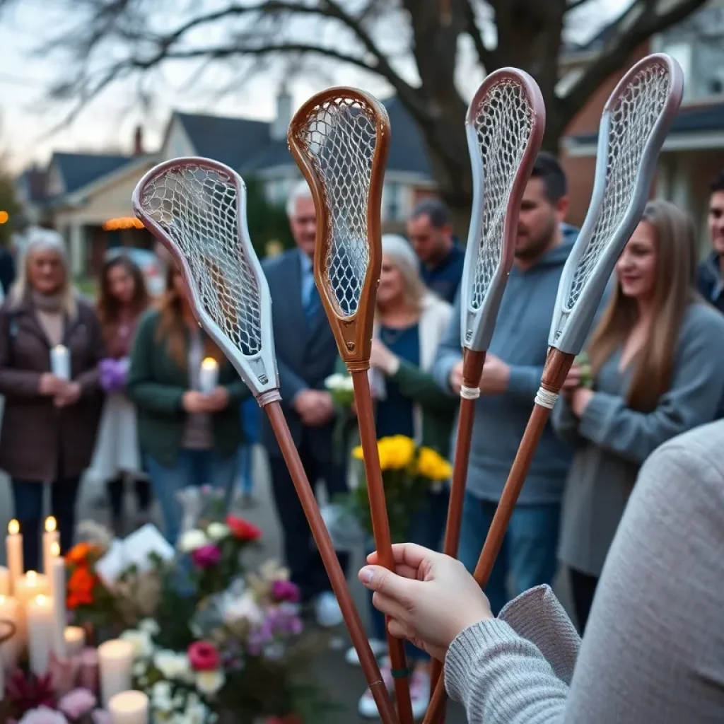 Community members gather for a vigil in honor of a lacrosse player, holding candles and lacrosse sticks.