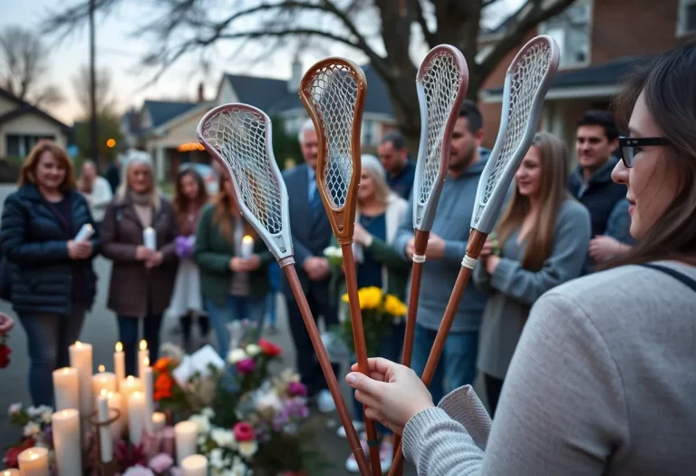 Community members gather for a vigil in honor of a lacrosse player, holding candles and lacrosse sticks.