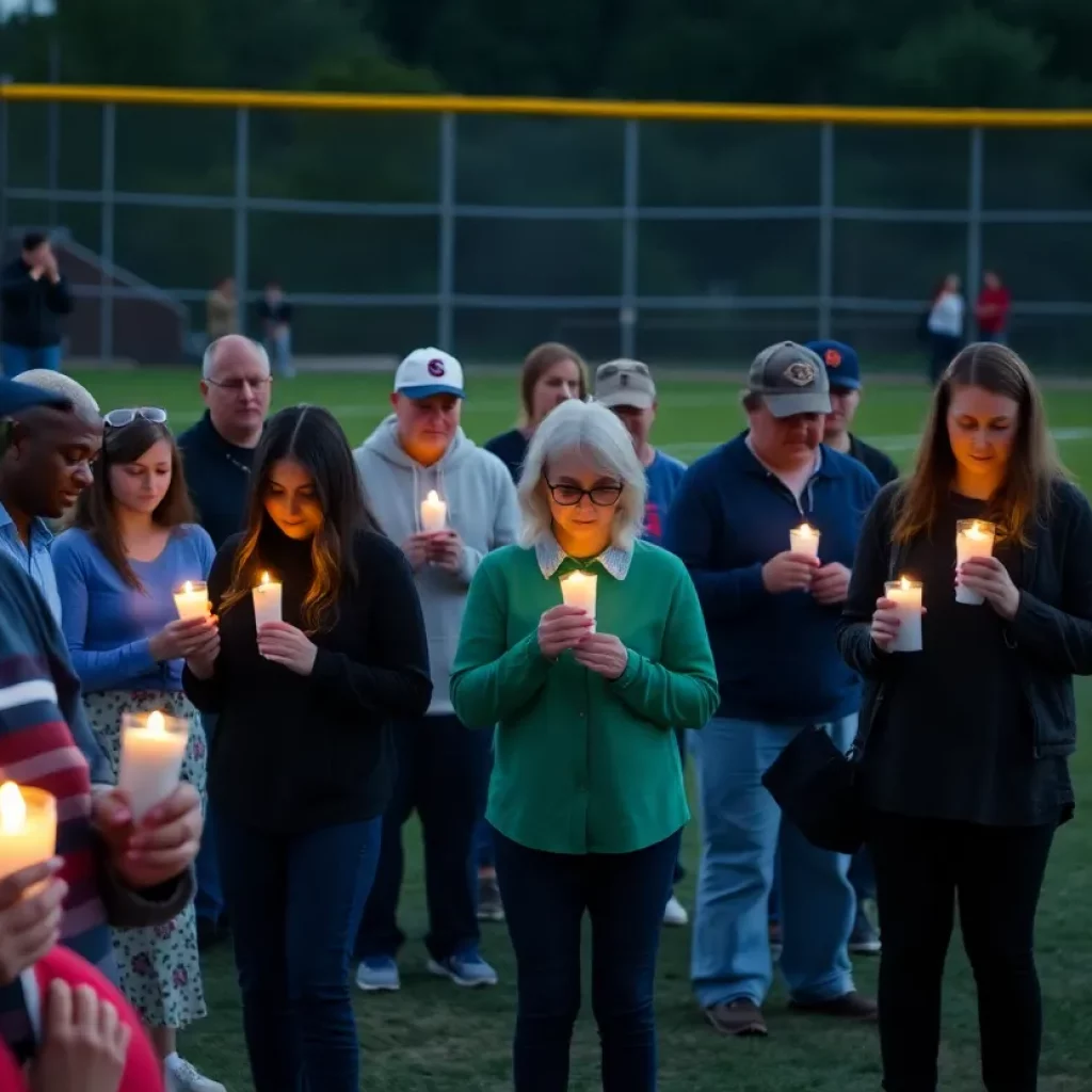 Community members holding candles at a vigil for the New Prairie High School baseball team.