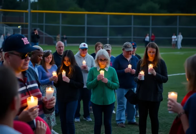 Community members holding candles at a vigil for the New Prairie High School baseball team.