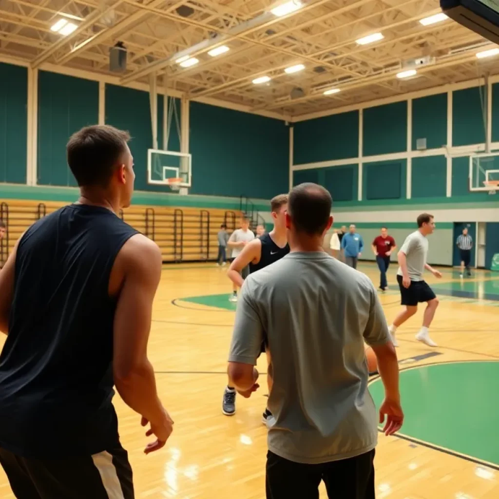 Cooper High School boys basketball team practicing on the court.