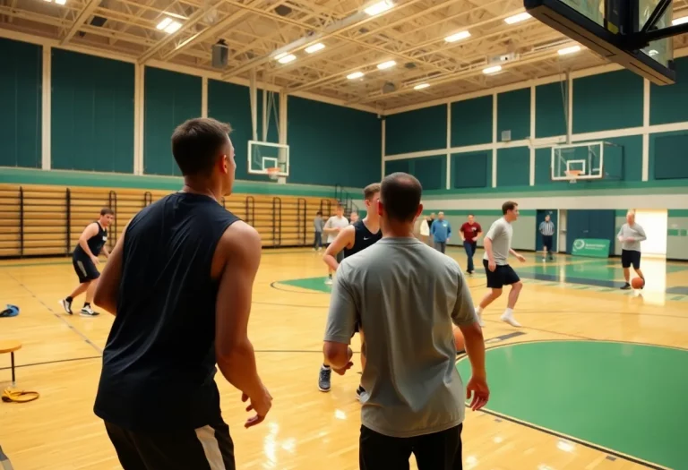 Cooper High School boys basketball team practicing on the court.