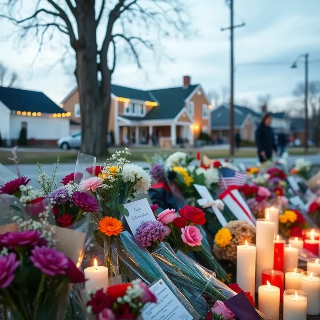 Memorial setup with flowers and candles in a small town