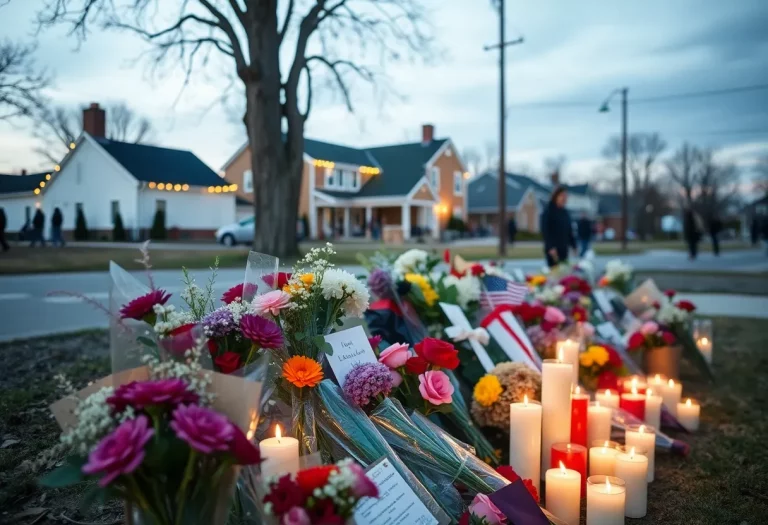 Memorial setup with flowers and candles in a small town