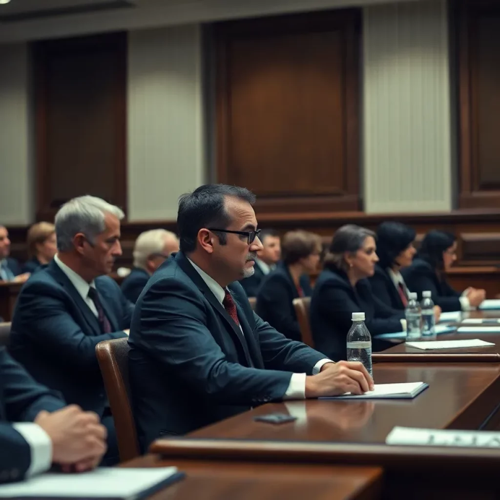 Jurors engaged in deliberation in a courtroom setting