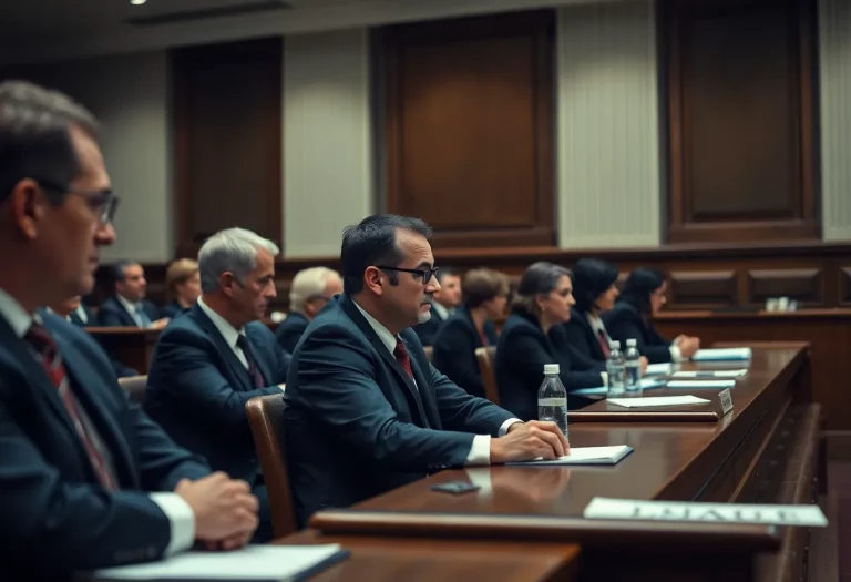 Jurors engaged in deliberation in a courtroom setting