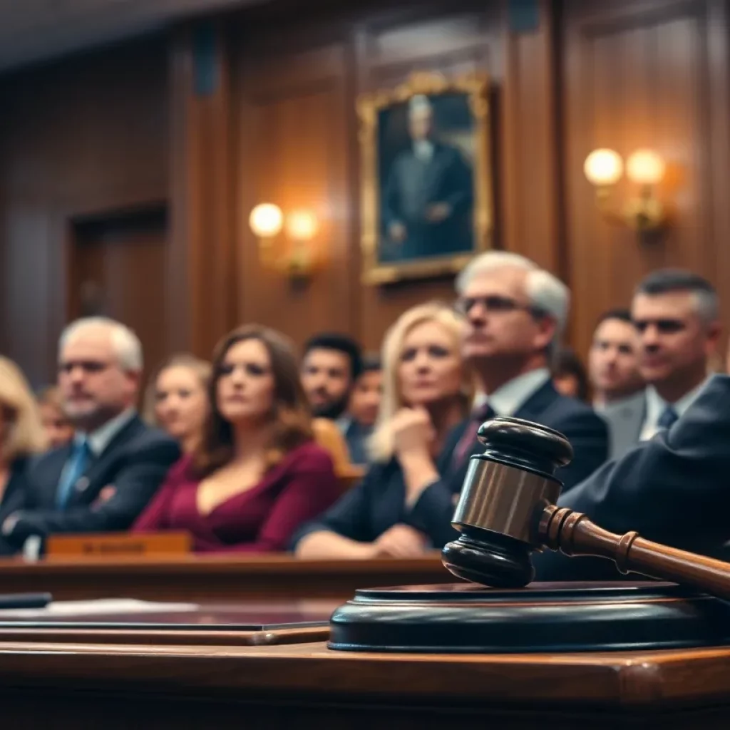 A courtroom with people attending a trial