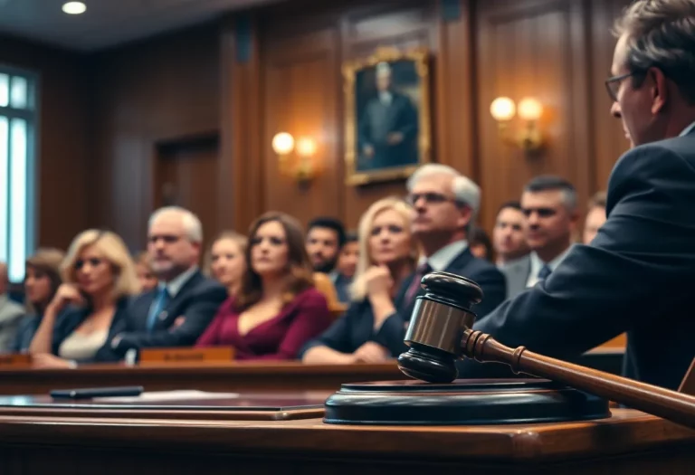 A courtroom with people attending a trial
