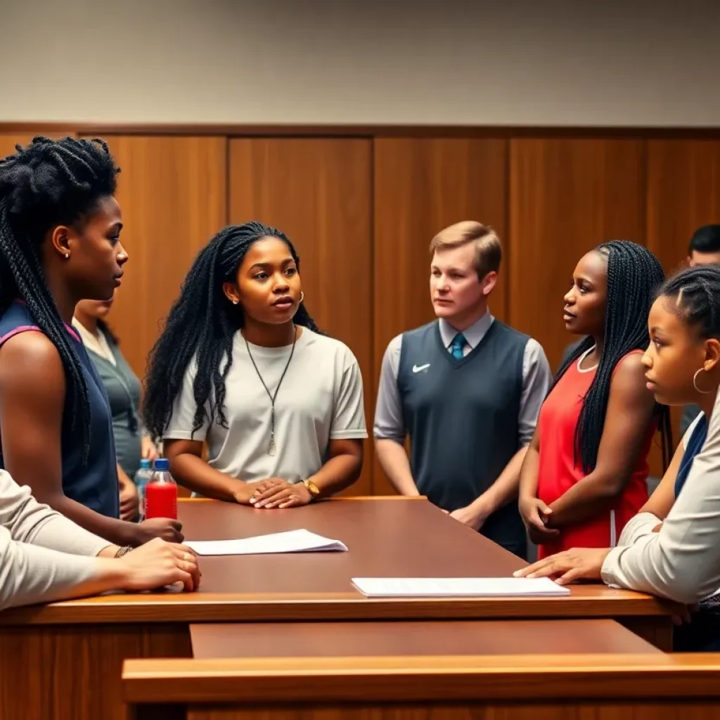 Courtroom with diverse athletes discussing sports policies