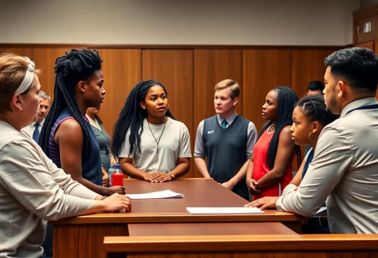 Courtroom with diverse athletes discussing sports policies