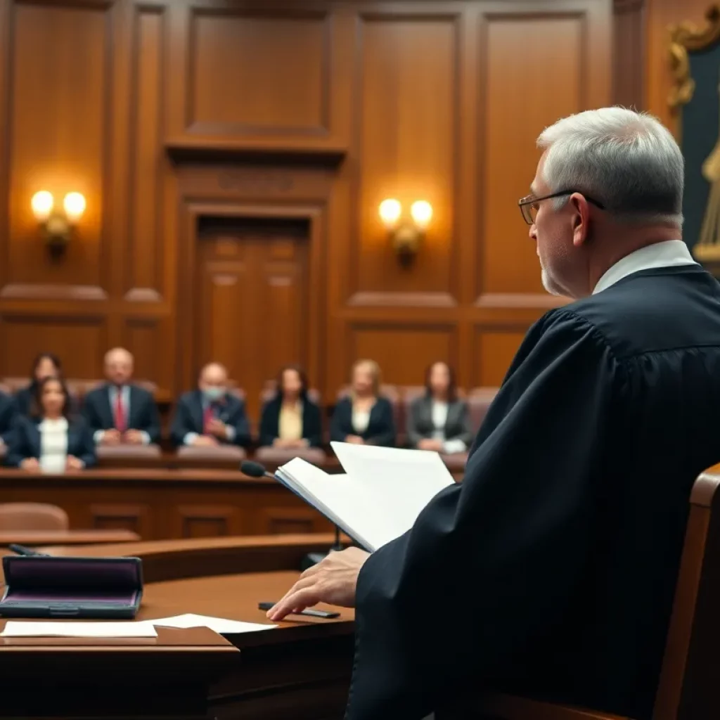 A judge delivering a verdict in a courtroom