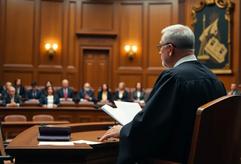 A judge delivering a verdict in a courtroom