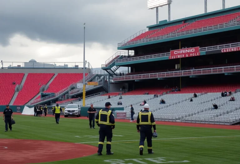 Emergency responders assess the collapsed bleachers at Cromwell High School baseball game.
