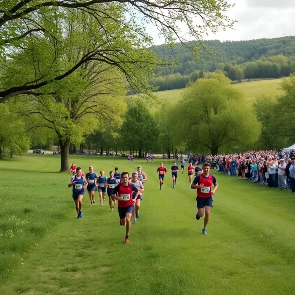 Runners competing in a cross country race on a bright and sunny day.