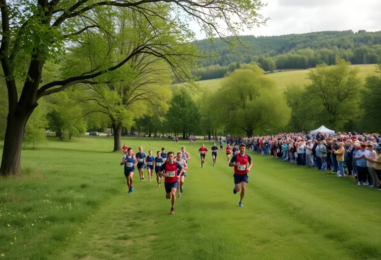 Runners competing in a cross country race on a bright and sunny day.