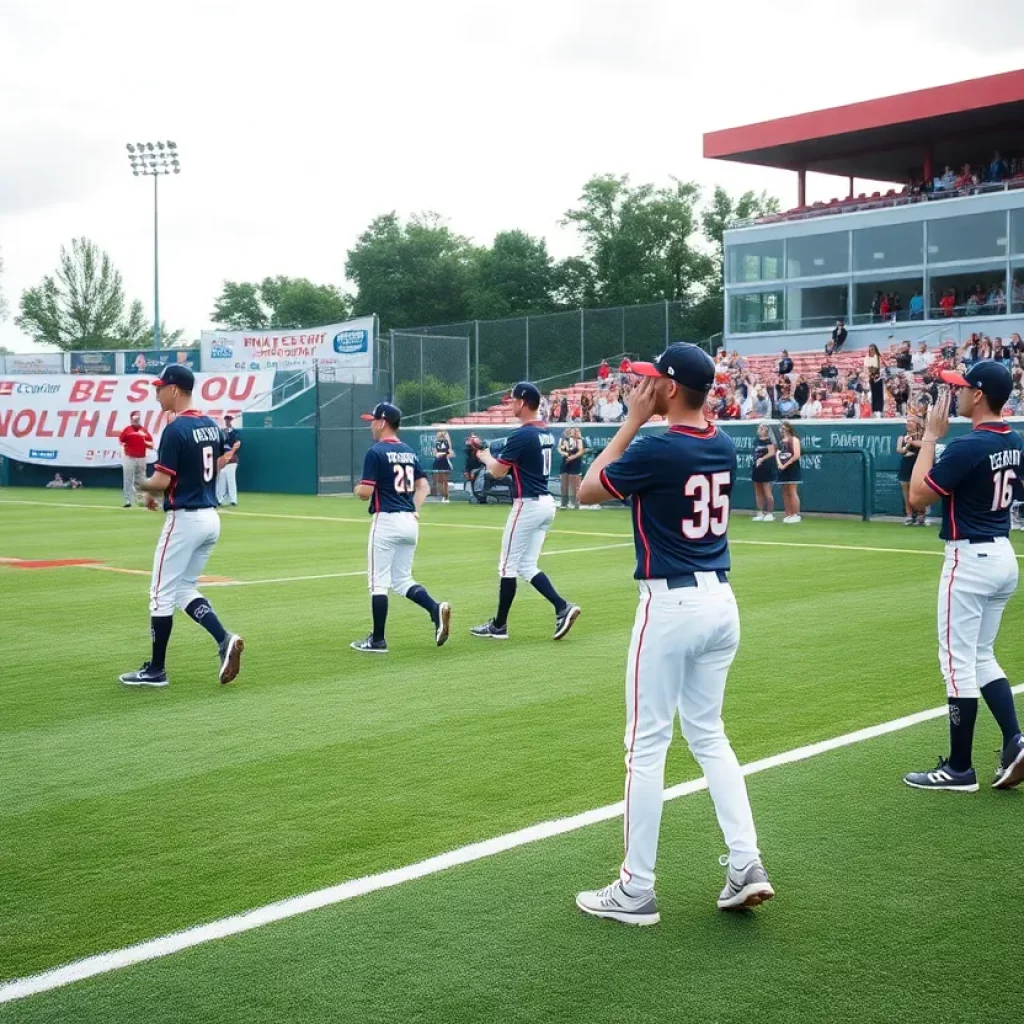 Dakota Cougars baseball team warming up on the field
