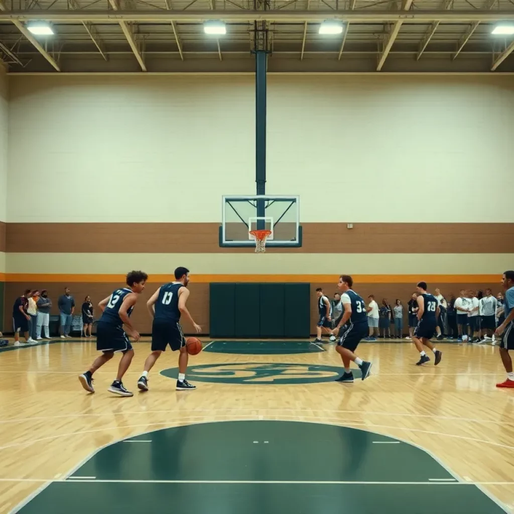 Dallas High School basketball team practicing on the court