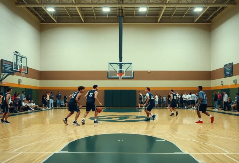 Dallas High School basketball team practicing on the court