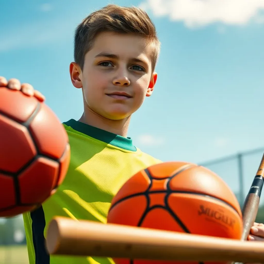 Multi-sport athlete with various sporting equipment