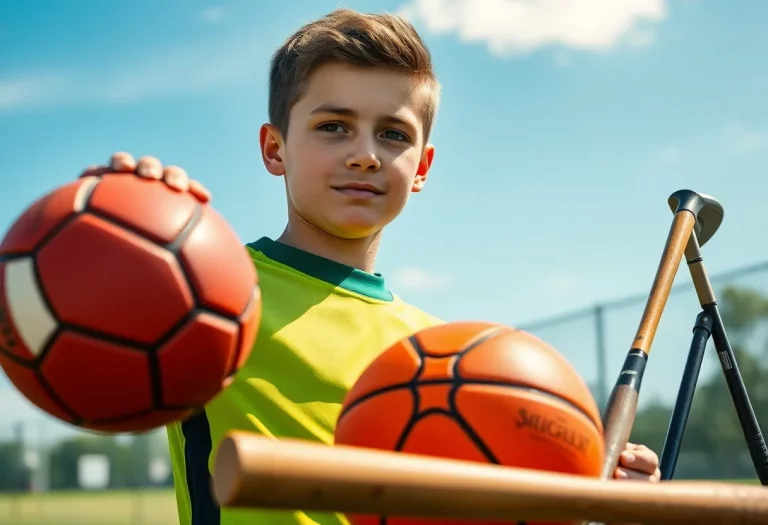 Multi-sport athlete with various sporting equipment