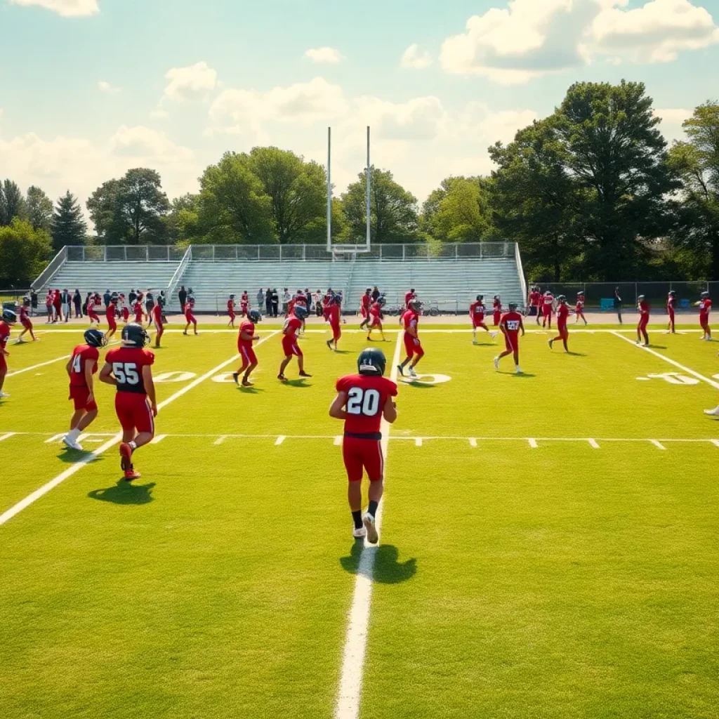 Football players practicing on Delta High School field
