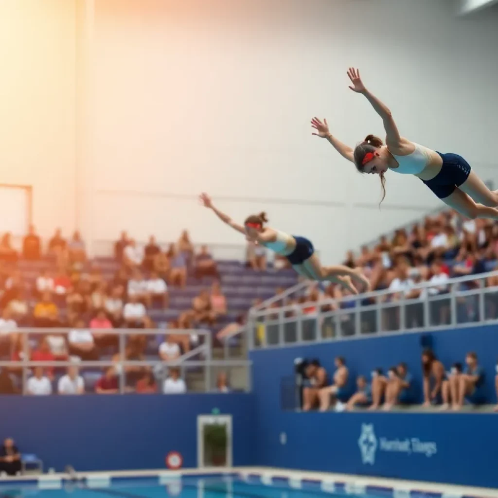 High school divers competing in a championship event.