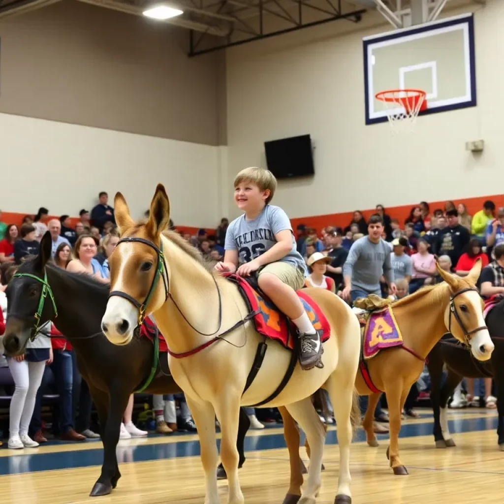 An exciting donkey basketball game in progress at Penns Valley High School with spectators cheering.