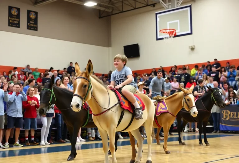 An exciting donkey basketball game in progress at Penns Valley High School with spectators cheering.