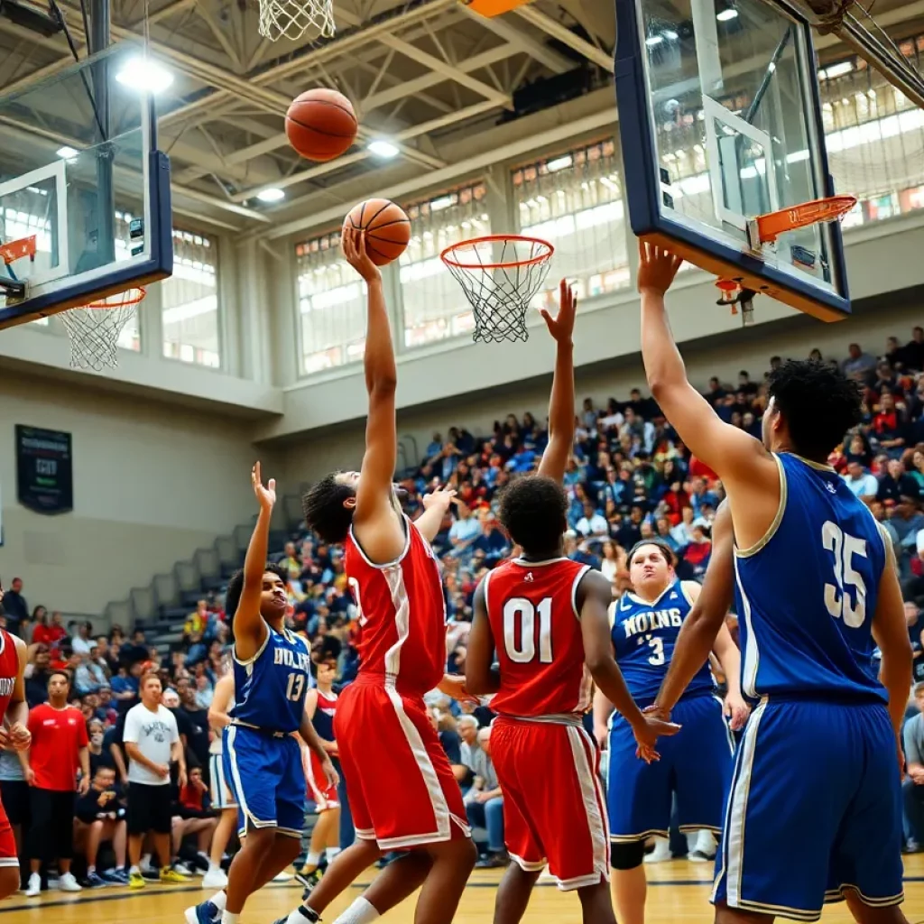 Young basketball player demonstrating impressive dunk during a tournament.