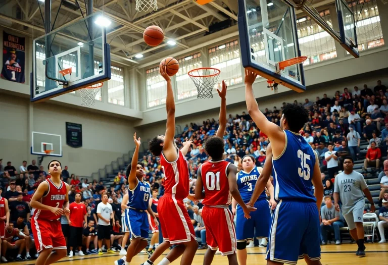 Young basketball player demonstrating impressive dunk during a tournament.