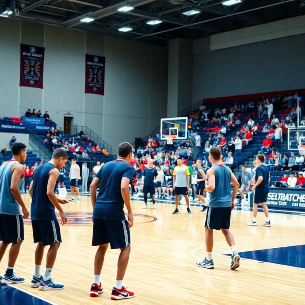 Earlham High School basketball team practicing on the court